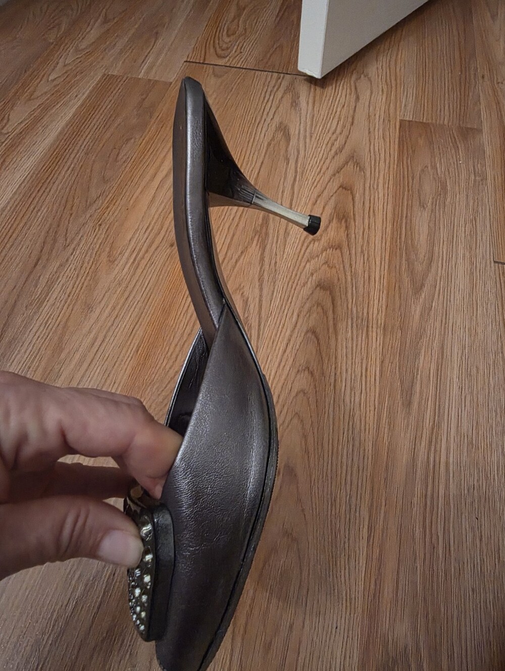 Prada Siver Leather Jeweled Square-Toe Mules - Picture 7 of 9